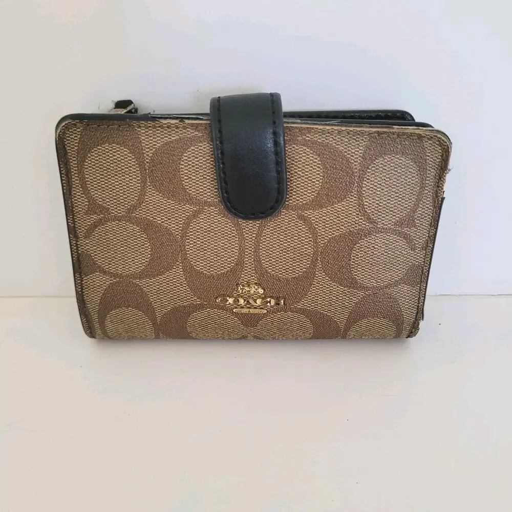Coach Wallet‎ Crossgrain Leather Monogram Black Tan Medium Bifold Logo Compact